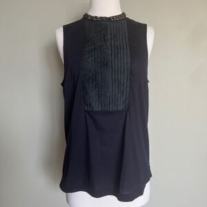 J Crew Jeweled Sleeveless Embellished Cotton Silk Navy Pleated Bib Top Shirt
